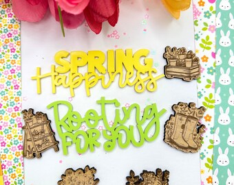 Spring Happiness & Rooting for You Acrylic Words with Wood Embellishments | Spring Scrapbook Embellishments | Garden Theme Craft Supplies