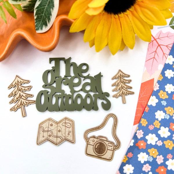 The Great Outdoors Acrylic and wood embellishment|Acrylic Word|For Scrapbooking| Paper Crafting| Card Making| Embellishment| Engraved