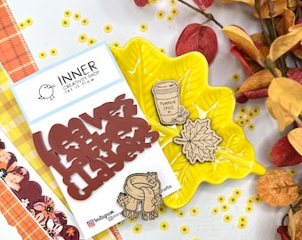 Leaves, Lattes & Layers Acrylic Title with Wood Engraved Charms | Fall Embellishments for Card Making and DIY Art Projects