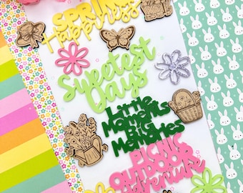 Spring Sweetest Days Scrapbook Kit | Acrylic Words & Wood Embellishments | Spring Craft Kit | Floral Scrapbooking Supplies | Optional Bunny