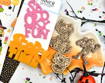Spooky Fun & Storytime Acrylic Titles with Wood-Engraved Charms | Halloween Embellishments for Card Making and DIY Art Projects