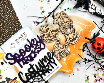 Costume Party & Spooky Tricks Acrylic Titles with Wood Engraved Charms | Halloween Embellishments for Card Making and DIY Art Projects