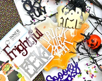 THIN HALLOWEEN Word Embellishments Pack | Flat Craft Plastic Words for Scrapbooking and Card Making.