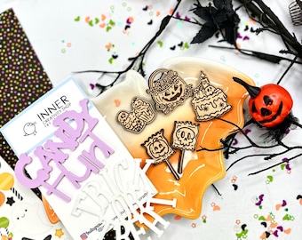 Trick or Treat & Candy Hunt Acrylic Titles with Wood Engraved Charms | Halloween Embellishments for Card Making and DIY Art Projects