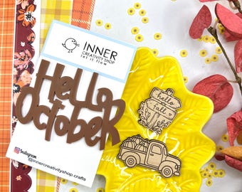 Hello October Acrylic Title with Wood Engraved Charms | Fall Embellishments for Card Making and DIY Art Projects