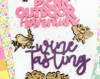 Picnic Outdoor Adventure & Wine Tasting Acrylic Titles with Wood Engraved Embellishments | Scrapbook | Card Making | DIY Craft Supplies