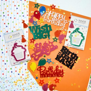 Geburtstagsfeier Acryl & Holz Verschönerungsset | Scrapbook und Bastelbedarf | Cupcakes, Luftballons, Party-Sprüche, Konfetti-Sterne