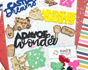 Adventure awaits scrapbook embellishments kit| Acrylic Title and Engraved wood Icons|Theme Park Travel  Scrapbooking