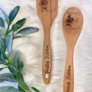 Wood Spoon or Spatula Engraved with Floral Monogram Letter