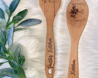 Wood Spoon or Spatula Engraved with Floral Monogram Letter