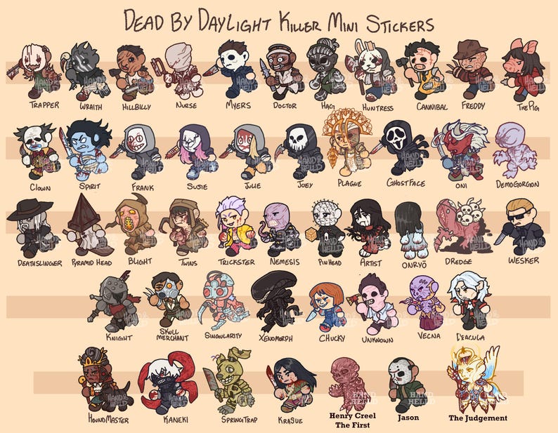 May include: A collection of Dead by Daylight Killer mini stickers featuring various illustrated characters in a chibi style. Each character is labeled with their name, including Trapper, Wraith, Hillbilly, Nurse, Myers, Doctor, Hag, Huntress, Cannibal, Freddy, The Pig, Clown, Spirit, Frank, Susie, Julie, Joey, Plague, GhostFace, Oni, Demogorgon, Deathslinger, Pyramid Head, Blight, Twins, Trickster, Nemesis, Pinhead, Artist, Onryo, Dredge, Wesker, Knight, Skull Merchant, Singularity, Xenomorph, Chucky, Unknown, Vecna, Dracula, Hound Master, Kaneki, Springtrap, Krasue, Henry Creel The First, Jason, and The Judgement.