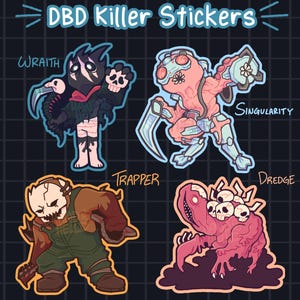 Puede incluir: Cuatro pegatinas de dibujos animados coloridos con personajes del videojuego Dead by Daylight. Las pegatinas representan a los personajes Wraith, Trapper, Singularity y Dredge. Las pegatinas están todas en un estilo de dibujos animados y son de colores brillantes.