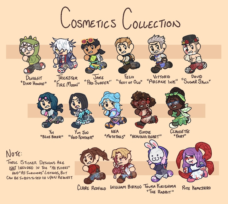 May include: A digital illustration titled Cosmetics Collection featuring fifteen chibi-style characters in various outfits. Each character is labeled with a name and costume title. A note at the bottom explains that these designs are not included in specific listings but can be substituted upon request.