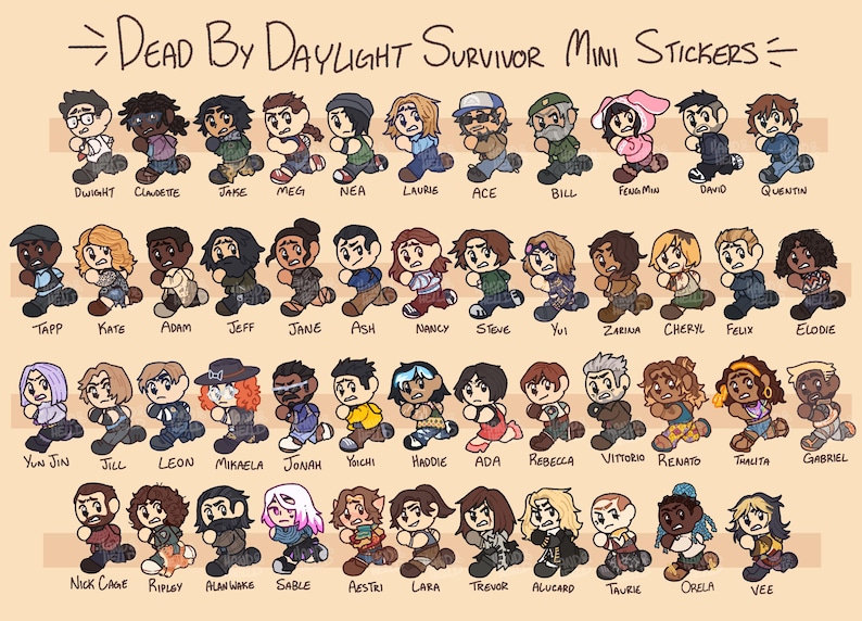 May include: A collection of Dead By Daylight Survivor mini stickers featuring numerous illustrated characters in a chibi art style. Each character is depicted in a running pose with their name printed underneath. The stickers are arranged in rows.