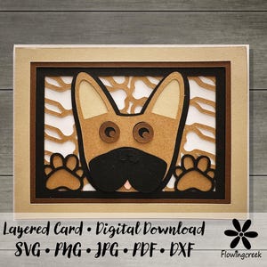 Braune Französische Bulldogge 3D Geschichtet Gruß-Karte SVG Schnitt-Datei Sofort-Download Einfache DIY-Karte für alle Gelegenheiten, Geburtstag, Danke, Mitteilungskarte
