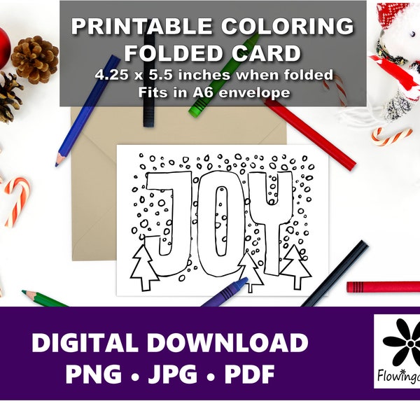 Joy Snowy Winter Printable Coloring Cards, Christmas Holiday, Hand Drawn Design, Folded, 4.25 x 5.5 in, Fits in A6 envelopes, Png, Jpg, Pdf