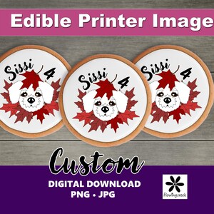 Puede incluir: Tres imágenes comestibles redondas con un perro blanco con hojas de otoño rojas y blancas. El perro lleva un collar rojo con el texto "Sissi 4" en él.