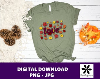 Love in Fall Sublimation Design Pumpkins, Sunflowers, Leaves Digital Download