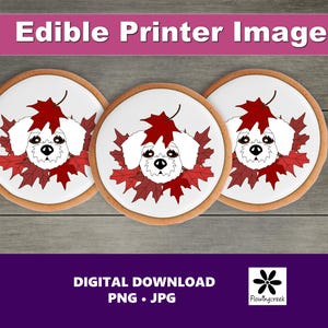 Puede incluir: Tres imágenes comestibles de un perro blanco con hojas de otoño rojas y marrones. El perro está mirando a la cámara. Las imágenes están sobre un fondo de madera.