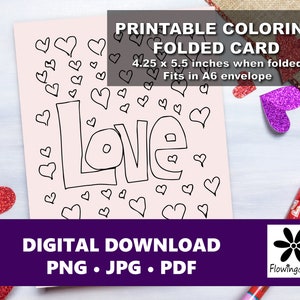 Biglietti da colorare piegati stampabili con cuori d'amore, San Valentino, Anniversario, Design disegnato a mano, 4,25 x 5,5 pollici, Adatto per busta A6, Png, Jpg, Pdf