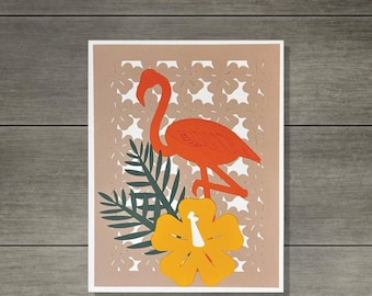 Tropical Flamingo Layered Card SVG  Hibiscus Flowers Digital Download