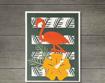 Tropical Flamingo Card SVG – Palm Stripes Hibiscus Flower Digital Download