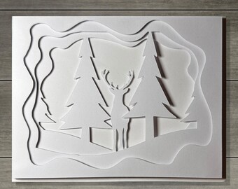 Deer in Forest Greeting Card SVG Cut File Easy Layered Card Digital Download
