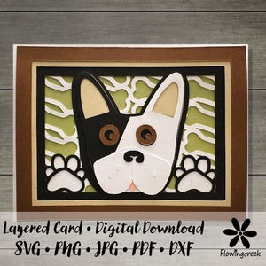 Schwarzweiße französische Bulldogge, 3D-Schichten-Grußkarte, SVG-Schnittdatei, Sofortiger Download, Einfache DIY-Karte für alle Anlässe, Geburtstag, Danke