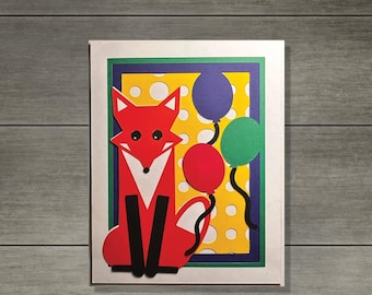 Tarjeta 3D en capas con diseño de zorro y globos (SVG) para hacer tú mismo, invitación de cumpleaños, descarga digital