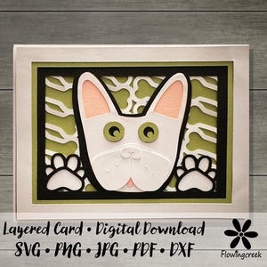Weiß Französische Bulldogge 3D Geschichtet Gruß-Karte SVG Schnitt Datei Sofort-Download Einfache DIY-Karte für alle Anlässe, Geburtstag, Danke, Grußkarte