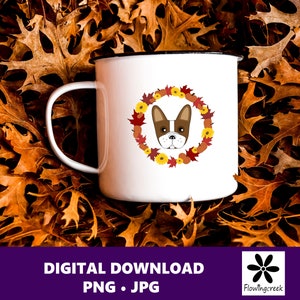 Cara de bulldog francés de rayas marrones con un archivo de arte clip de sublimación digital de hoja de otoño, calabaza y corona de girasol