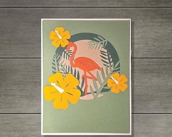 Tropical Flamingo 3D Layered Card SVG Hibiscus Flowers Digital Download