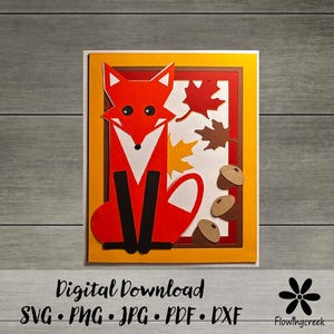 Biglietto d'auguri a strati 3D con volpe autunnale, foglie d'acero e ghiande, file di taglio SVG, download immediato, biglietto fai da te facile per tutte le occasioni