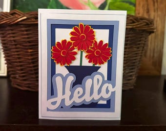 3D Layered Hello Flowers Card SVG Cut File Digital Download