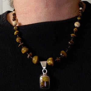 9 1/4&quot; Drop/Length Tiger&#39;s Eye Sterling Silver Pendant on a Tiger&#39;s Eye and Glass Seed Bead Necklace. Pendant Marked Mexico Sterling .925
