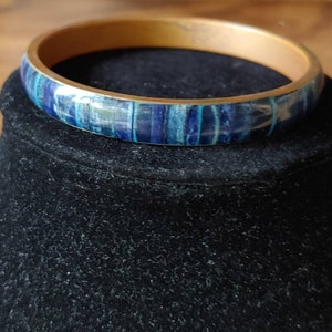 Lightweight Blue Bangle Bracelet. Vintage Segmented Lapis Color. Brass Color Interior and Sides.