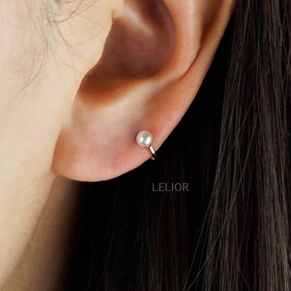 Baby Pearl Cartilage Earrings - 3mm 4mm pearl earring, teeny tiny hoop, pearl cartilage piercing, dainty pearl earring, tiny pearl hoops