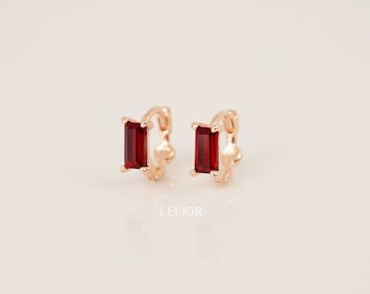 Garnet Baguette Helix Hoop Earrings - huggie hoops, silver, rose gold, dainty baguette earring, cartilage hoop earrings, tiny hoops
