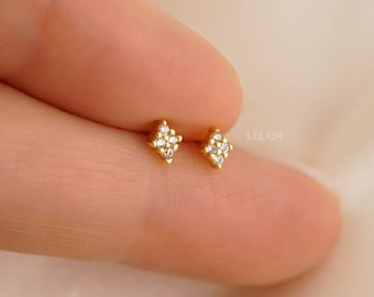 Tiny CZ Rhombus Stud Earring • Rhombus Cartilage Studs, Dainty Rhombus CZ Earring, Tiny CZ Diamond Earring, Cartilage Piercing Earrings