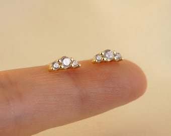 Mini Triple CZ Stud Earrings • cz dainty earrings, gold studs, small stud earrings, silver stud earrings, minimalist earrings, mini earrings