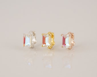 Tiny AB Crystal Rainbow CZ Baguette Cartilage Hoop - helix hoop earring, gold huggie hoops, tiny hoop earrings, dainty iridescent earrings