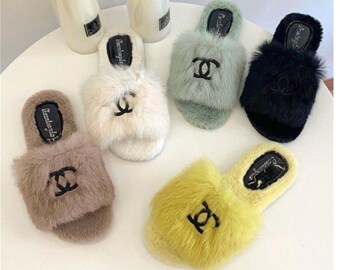 chanel fluffy slippers