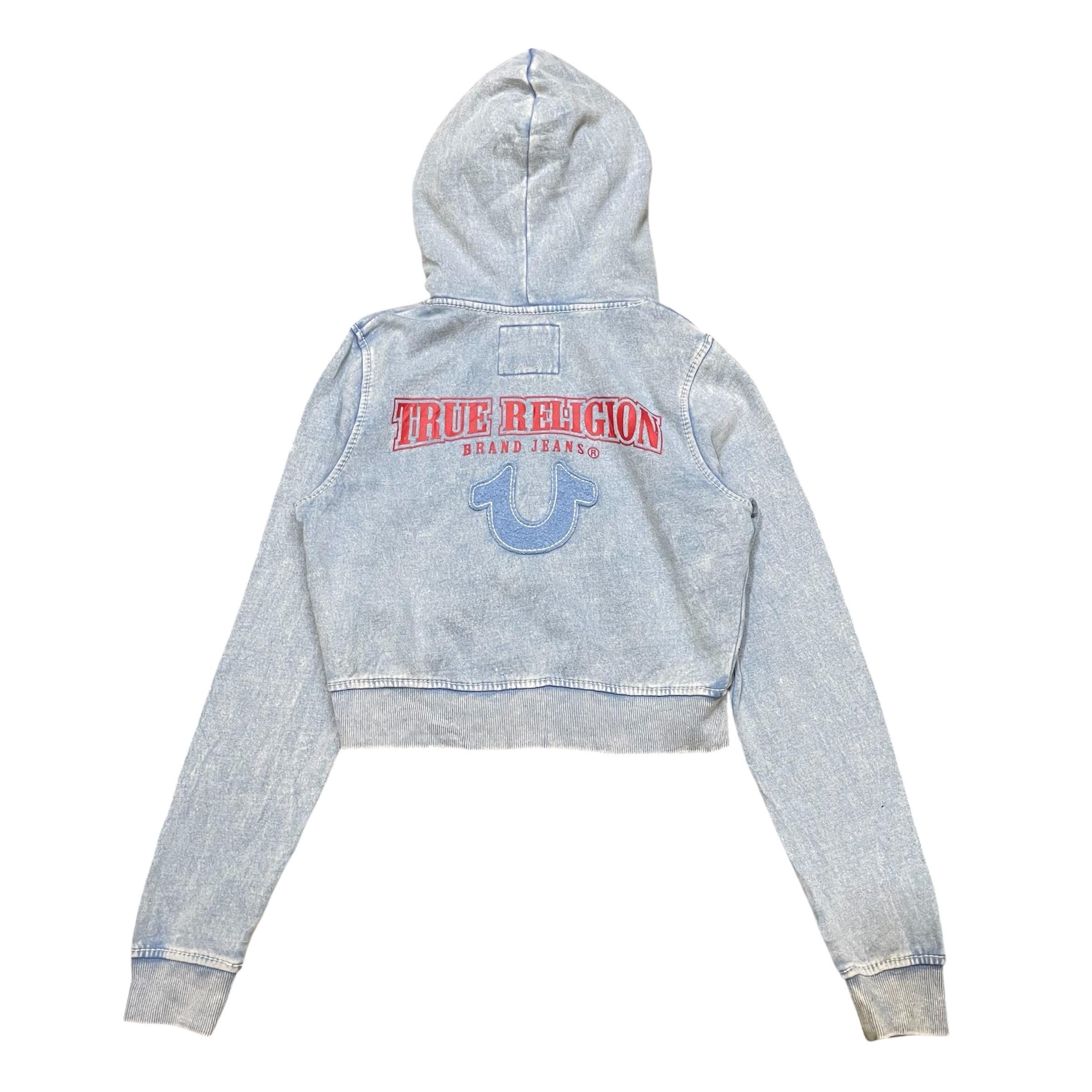Y2K True Religion Cropped Hoodie: Acid Wash Light Blue, Red Logo 