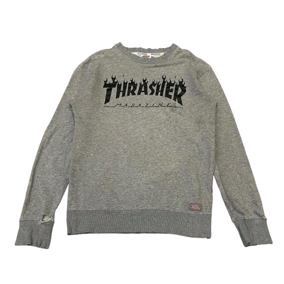 Dickies, Vintage Dickies x Thrasher Magazine Collaboration Crewneck Sweatshirt | Gray Flame Graphic Pullover | Distressed Skater Streetwear Size S
