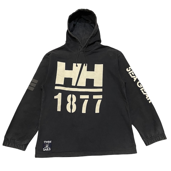 Helly Hansen, Vintage 90s Helly Hansen "Twin Sails" Hoodie - Made in USA - Black Pullover Sea Gear - Size Medium