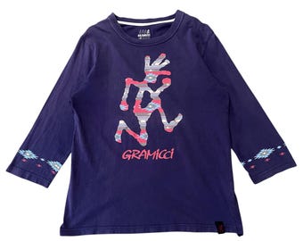 Gramicci Running Man Logo Shirt | Southwestern Tribal Print | 3/4 Sleeve Navy Purple Tee | Vintage Outdoor Wear