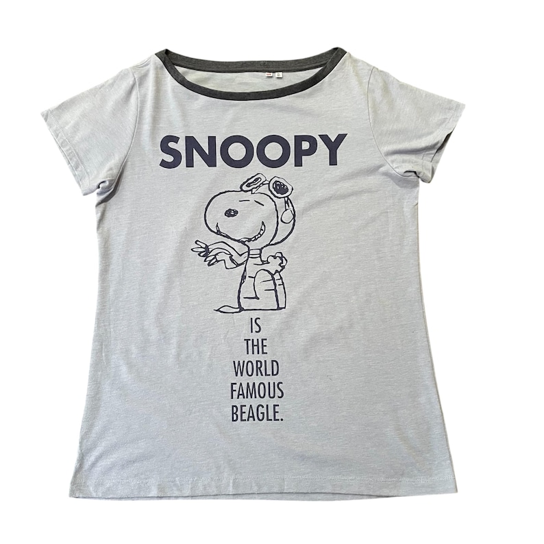 Może przedstawiać: Jasnoszara koszulka z napisem "SNOOPY" nad czarno-białą ilustracją Snoopy'ego w okularach. Poniżej ilustracji znajduje się napis "IS THE WORLD FAMOUS BEAGLE". Koszulka ma ciemnoszary kołnierz i wykończenia rękaw&oacute;w.