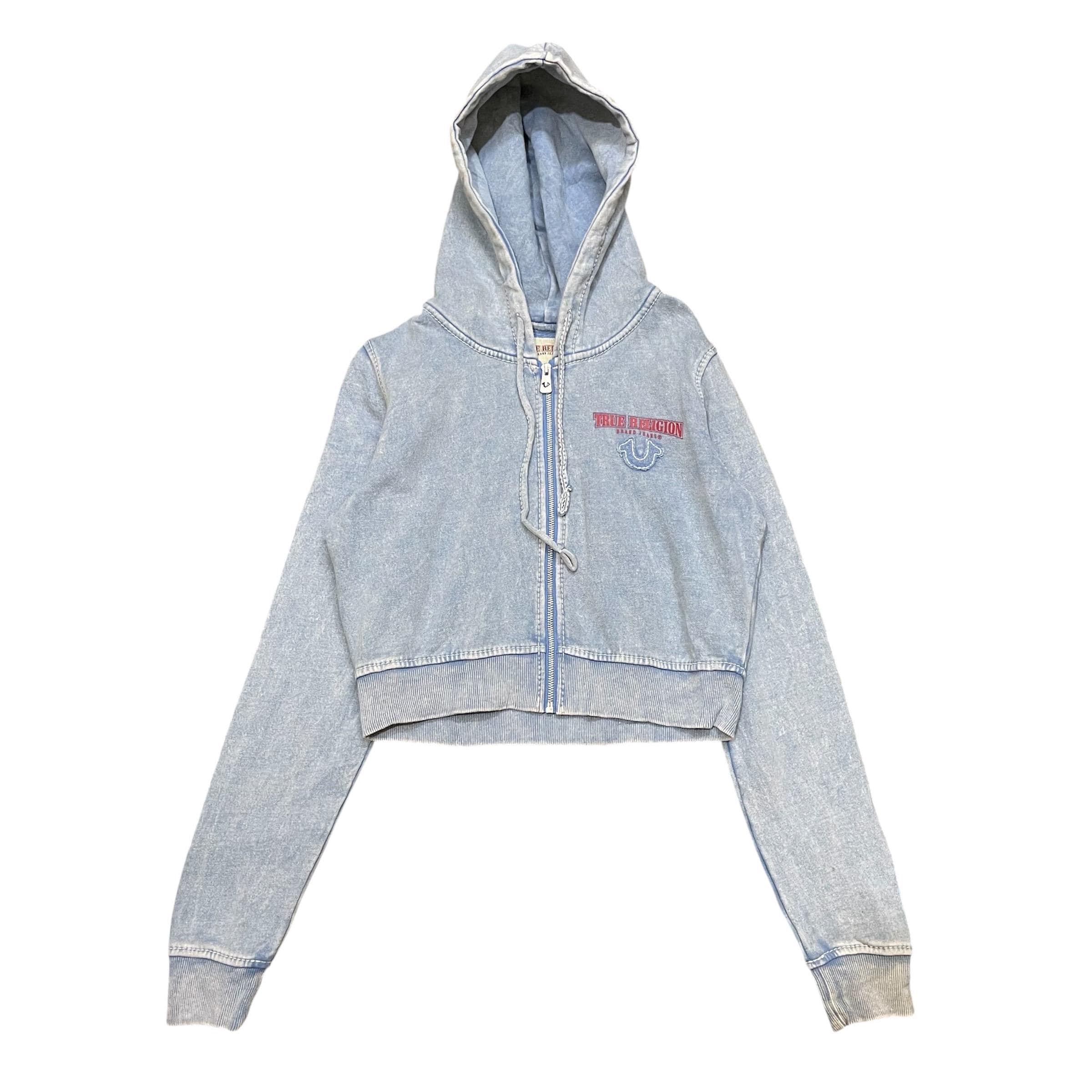 Y2K True Religion Cropped Hoodie: Acid Wash Light Blue, Red Logo 