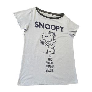 Może przedstawiać: Jasnoszara koszulka z napisem "SNOOPY" w kolorze granatowym nad czarno-białą ilustracją Snoopy'ego w okularach. Poniżej ilustracji znajduje się napis "IS THE WORLD FAMOUS BEAGLE". Koszulka ma ciemnoszary dekolt i kr&oacute;tkie rękawy.