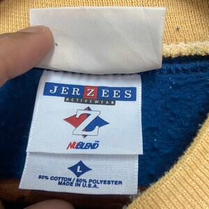 May include: A blue and yellow Jerzees sweatshirt tag with the text "Jerzees Activewear" and a Z logo with the text "Nablend". The tag also includes the size "L" and the text "80% Cotton / 50% Polyester Made in U.S.A."